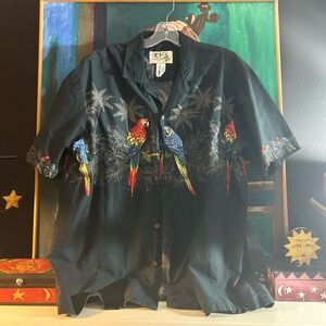 Tropical Parrot Print Black Casual Button Down Shirt Hawaii Large